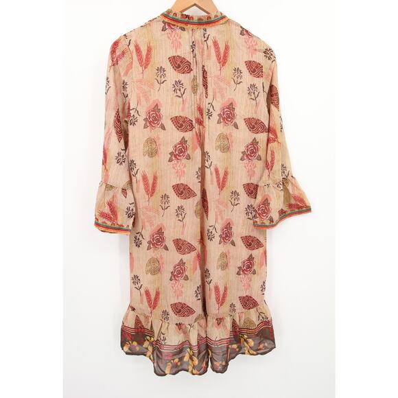 Zara Dress Tan Leaf Floral Pattern Nude Beige Bell Sleeve Embroidered Neckline M - Picture 12 of 12